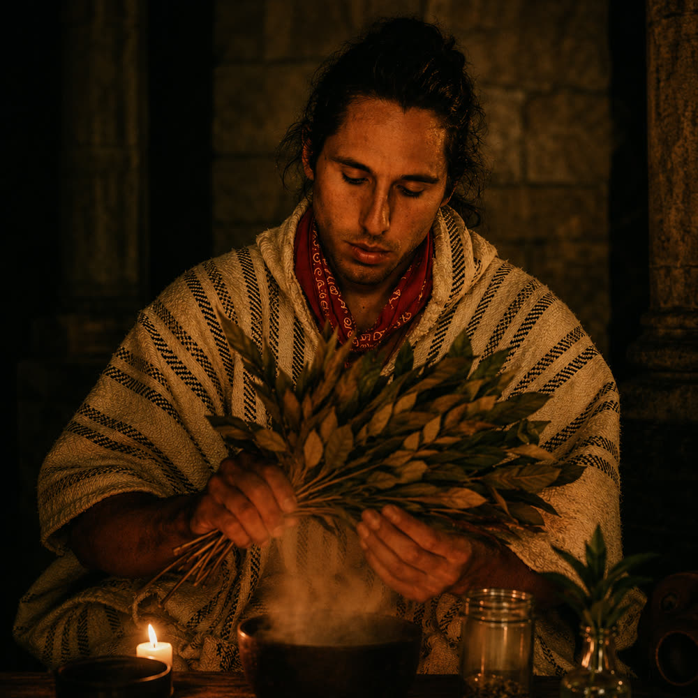 Fransie preparing plants by candlelight before a yagé ceremony