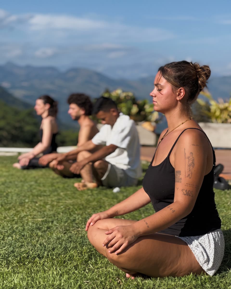 Meditation on the lawn, facing the mountains