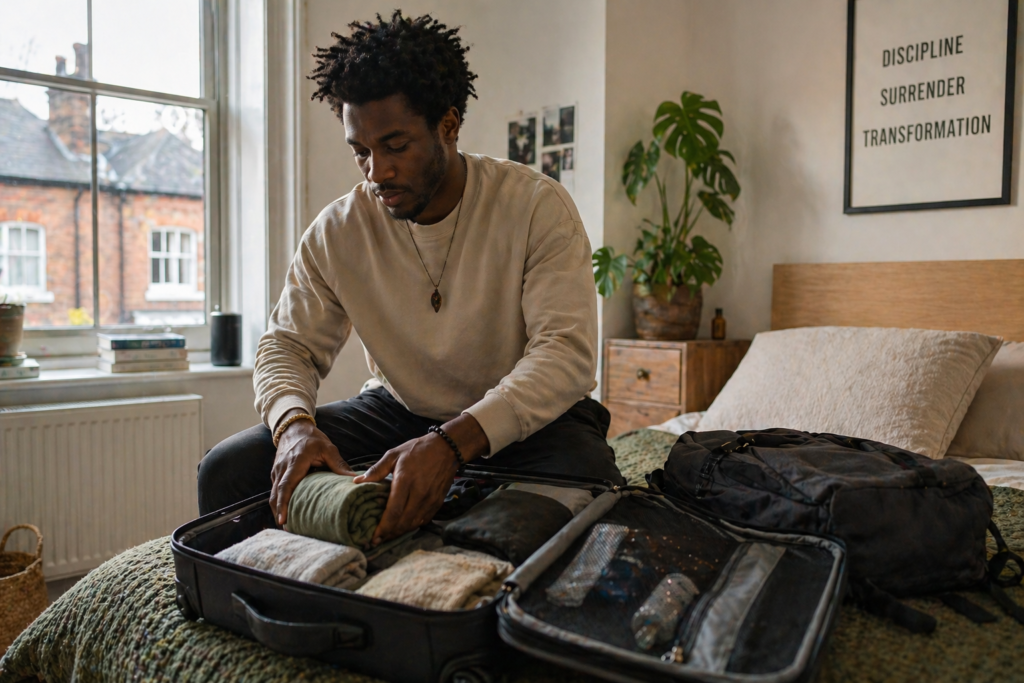 preparation of a backpack before traveling to an ayahuasca retreat