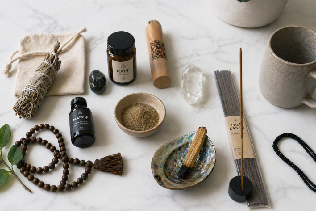 Tablke with traditional and spiritual things to pack before joining an ayahuasca retreat
